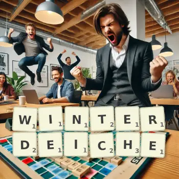 Kreative Illustration für ein Scrabble-Spiel, bei dem das Wort WINTERDEICHE mit Steinen auf dem Brett gelegt wurde.