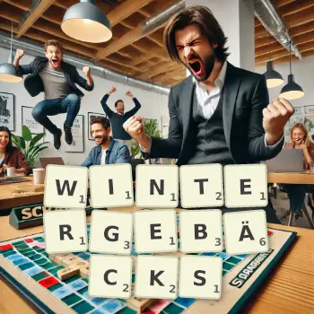 Kreative Illustration für ein Scrabble-Spiel, bei dem das Wort WINTERGEBÄCKS mit Steinen auf dem Brett gelegt wurde.