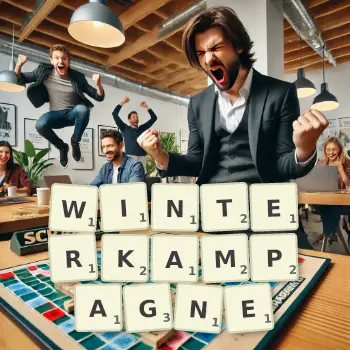 Kreative Illustration für ein Scrabble-Spiel, bei dem das Wort WINTERKAMPAGNE mit Steinen auf dem Brett gelegt wurde.