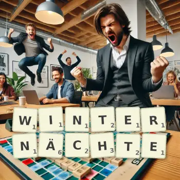 Kreative Illustration für ein Scrabble-Spiel, bei dem das Wort WINTERNÄCHTE mit Steinen auf dem Brett gelegt wurde.