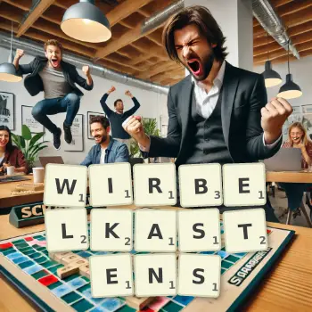 Kreative Illustration für ein Scrabble-Spiel, bei dem das Wort WIRBELKASTENS mit Steinen auf dem Brett gelegt wurde.