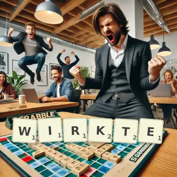 Kreative Illustration für ein Scrabble-Spiel, bei dem das Wort WIRKTE mit Steinen auf dem Brett gelegt wurde.