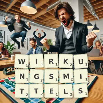 Kreative Illustration für ein Scrabble-Spiel, bei dem das Wort WIRKUNGSMITTELS mit Steinen auf dem Brett gelegt wurde.