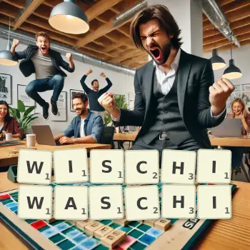 Kreative Illustration für ein Scrabble-Spiel, bei dem das Wort WISCHIWASCHI mit Steinen auf dem Brett gelegt wurde.