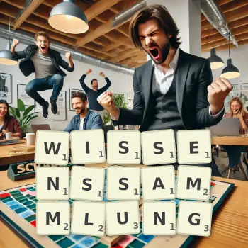 Kreative Illustration für ein Scrabble-Spiel, bei dem das Wort WISSENSSAMMLUNG mit Steinen auf dem Brett gelegt wurde.