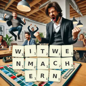 Kreative Illustration für ein Scrabble-Spiel, bei dem das Wort WITWENMACHERN mit Steinen auf dem Brett gelegt wurde.