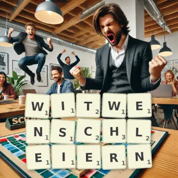 Kreative Illustration für ein Scrabble-Spiel, bei dem das Wort WITWENSCHLEIERN mit Steinen auf dem Brett gelegt wurde.
