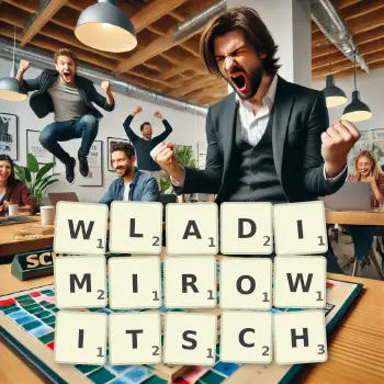 Kreative Illustration für ein Scrabble-Spiel, bei dem das Wort WLADIMIROWITSCH mit Steinen auf dem Brett gelegt wurde.
