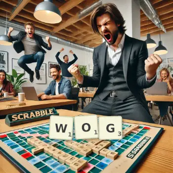 Kreative Illustration für ein Scrabble-Spiel, bei dem das Wort WOG mit Steinen auf dem Brett gelegt wurde.