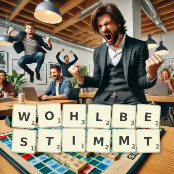 Kreative Illustration für ein Scrabble-Spiel, bei dem das Wort WOHLBESTIMMT mit Steinen auf dem Brett gelegt wurde.
