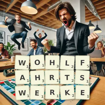 Kreative Illustration für ein Scrabble-Spiel, bei dem das Wort WOHLFAHRTSWERKE mit Steinen auf dem Brett gelegt wurde.