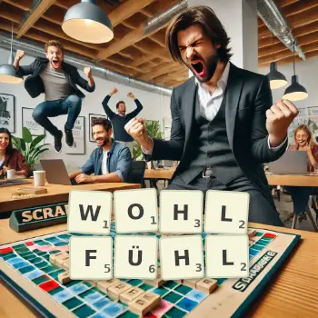 Kreative Illustration für ein Scrabble-Spiel, bei dem das Wort WOHLFÜHL mit Steinen auf dem Brett gelegt wurde.