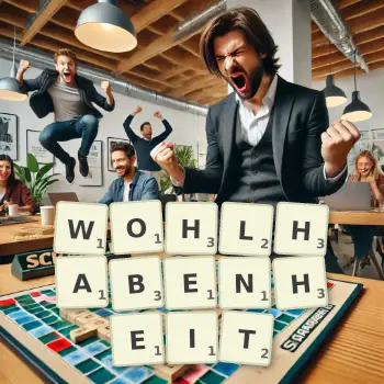 Kreative Illustration für ein Scrabble-Spiel, bei dem das Wort WOHLHABENHEIT mit Steinen auf dem Brett gelegt wurde.