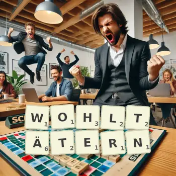Kreative Illustration für ein Scrabble-Spiel, bei dem das Wort WOHLTÄTERN mit Steinen auf dem Brett gelegt wurde.