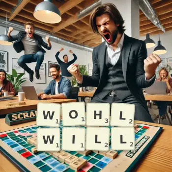 Kreative Illustration für ein Scrabble-Spiel, bei dem das Wort WOHLWILL mit Steinen auf dem Brett gelegt wurde.
