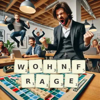 Kreative Illustration für ein Scrabble-Spiel, bei dem das Wort WOHNFRAGE mit Steinen auf dem Brett gelegt wurde.