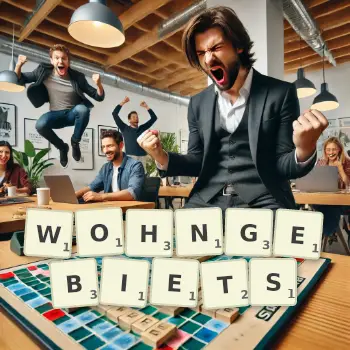 Kreative Illustration für ein Scrabble-Spiel, bei dem das Wort WOHNGEBIETS mit Steinen auf dem Brett gelegt wurde.