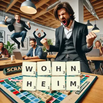 Kreative Illustration für ein Scrabble-Spiel, bei dem das Wort WOHNHEIM mit Steinen auf dem Brett gelegt wurde.