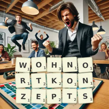 Kreative Illustration für ein Scrabble-Spiel, bei dem das Wort WOHNORTKONZEPTS mit Steinen auf dem Brett gelegt wurde.