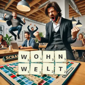 Kreative Illustration für ein Scrabble-Spiel, bei dem das Wort WOHNWELT mit Steinen auf dem Brett gelegt wurde.