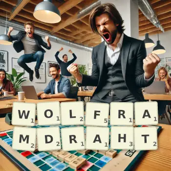 Kreative Illustration für ein Scrabble-Spiel, bei dem das Wort WOLFRAMDRAHT mit Steinen auf dem Brett gelegt wurde.
