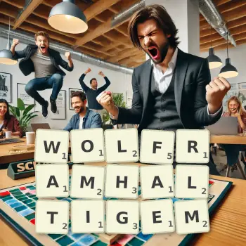 Kreative Illustration für ein Scrabble-Spiel, bei dem das Wort WOLFRAMHALTIGEM mit Steinen auf dem Brett gelegt wurde.