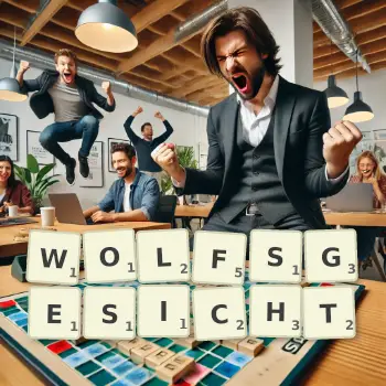 Kreative Illustration für ein Scrabble-Spiel, bei dem das Wort WOLFSGESICHT mit Steinen auf dem Brett gelegt wurde.