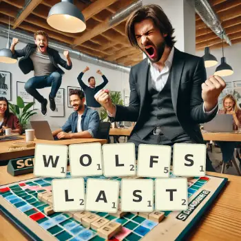Kreative Illustration für ein Scrabble-Spiel, bei dem das Wort WOLFSLAST mit Steinen auf dem Brett gelegt wurde.