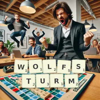 Kreative Illustration für ein Scrabble-Spiel, bei dem das Wort WOLFSTURM mit Steinen auf dem Brett gelegt wurde.