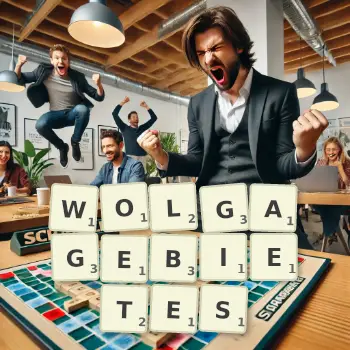 Kreative Illustration für ein Scrabble-Spiel, bei dem das Wort WOLGAGEBIETES mit Steinen auf dem Brett gelegt wurde.
