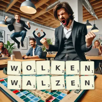 Kreative Illustration für ein Scrabble-Spiel, bei dem das Wort WOLKENWALZEN mit Steinen auf dem Brett gelegt wurde.