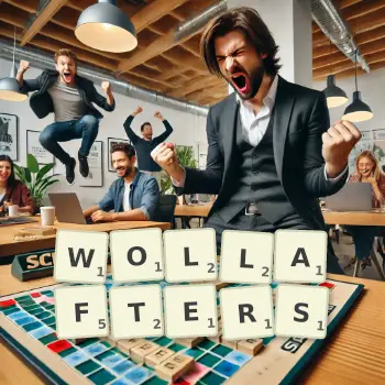 Kreative Illustration für ein Scrabble-Spiel, bei dem das Wort WOLLAFTERS mit Steinen auf dem Brett gelegt wurde.