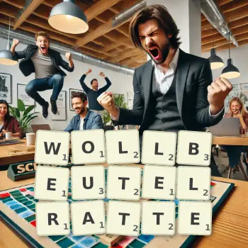 Kreative Illustration für ein Scrabble-Spiel, bei dem das Wort WOLLBEUTELRATTE mit Steinen auf dem Brett gelegt wurde.