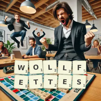 Kreative Illustration für ein Scrabble-Spiel, bei dem das Wort WOLLFETTES mit Steinen auf dem Brett gelegt wurde.
