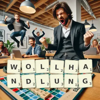 Kreative Illustration für ein Scrabble-Spiel, bei dem das Wort WOLLHANDLUNG mit Steinen auf dem Brett gelegt wurde.