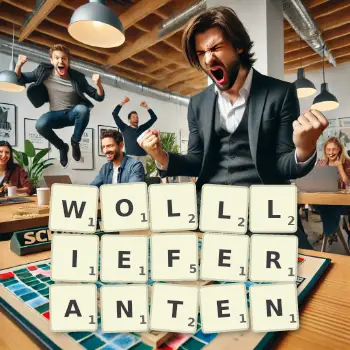 Kreative Illustration für ein Scrabble-Spiel, bei dem das Wort WOLLLIEFERANTEN mit Steinen auf dem Brett gelegt wurde.