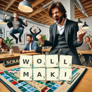 Kreative Illustration für ein Scrabble-Spiel, bei dem das Wort WOLLMAKI mit Steinen auf dem Brett gelegt wurde.