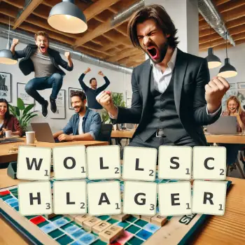 Kreative Illustration für ein Scrabble-Spiel, bei dem das Wort WOLLSCHLAGER mit Steinen auf dem Brett gelegt wurde.
