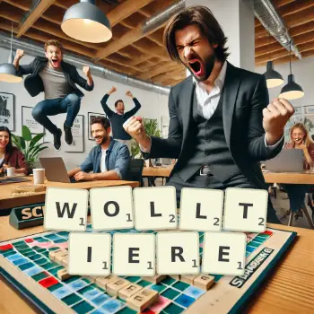 Kreative Illustration für ein Scrabble-Spiel, bei dem das Wort WOLLTIERE mit Steinen auf dem Brett gelegt wurde.