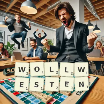 Kreative Illustration für ein Scrabble-Spiel, bei dem das Wort WOLLWESTEN mit Steinen auf dem Brett gelegt wurde.