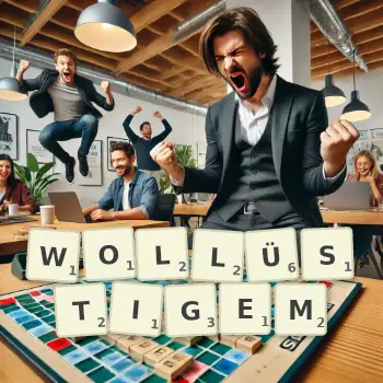 Kreative Illustration für ein Scrabble-Spiel, bei dem das Wort WOLLÜSTIGEM mit Steinen auf dem Brett gelegt wurde.