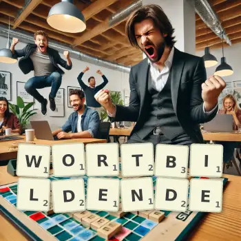Kreative Illustration für ein Scrabble-Spiel, bei dem das Wort WORTBILDENDE mit Steinen auf dem Brett gelegt wurde.