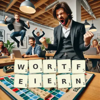 Kreative Illustration für ein Scrabble-Spiel, bei dem das Wort WORTFEIERN mit Steinen auf dem Brett gelegt wurde.