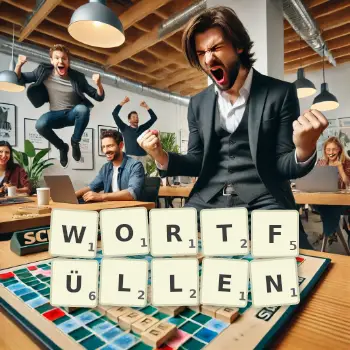Kreative Illustration für ein Scrabble-Spiel, bei dem das Wort WORTFÜLLEN mit Steinen auf dem Brett gelegt wurde.