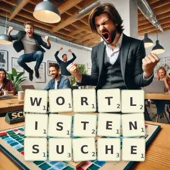 Kreative Illustration für ein Scrabble-Spiel, bei dem das Wort WORTLISTENSUCHE mit Steinen auf dem Brett gelegt wurde.