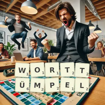 Kreative Illustration für ein Scrabble-Spiel, bei dem das Wort WORTTÜMPEL mit Steinen auf dem Brett gelegt wurde.