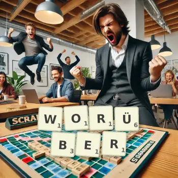 Kreative Illustration für ein Scrabble-Spiel, bei dem das Wort WORÜBER mit Steinen auf dem Brett gelegt wurde.