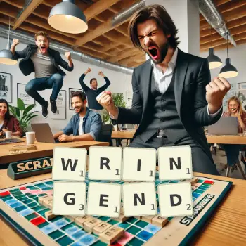 Kreative Illustration für ein Scrabble-Spiel, bei dem das Wort WRINGEND mit Steinen auf dem Brett gelegt wurde.