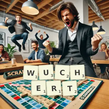 Kreative Illustration für ein Scrabble-Spiel, bei dem das Wort WUCHERT mit Steinen auf dem Brett gelegt wurde.