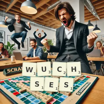 Kreative Illustration für ein Scrabble-Spiel, bei dem das Wort WUCHSES mit Steinen auf dem Brett gelegt wurde.